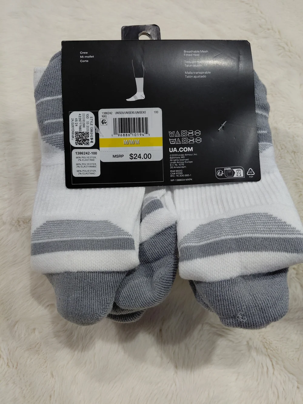 NWT Under Armour UA Performance Tech Cushioned Crew Socks - White/Grey (6 Pack)